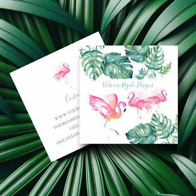Tropical Pink Flamingo Palm Leaves Square