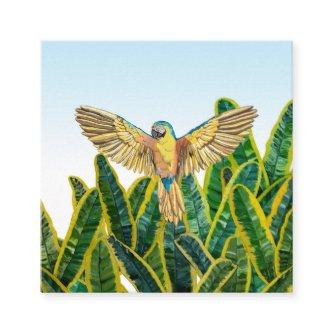 Tropical Summer Yellow Parrot Bird Banana Leaves Square