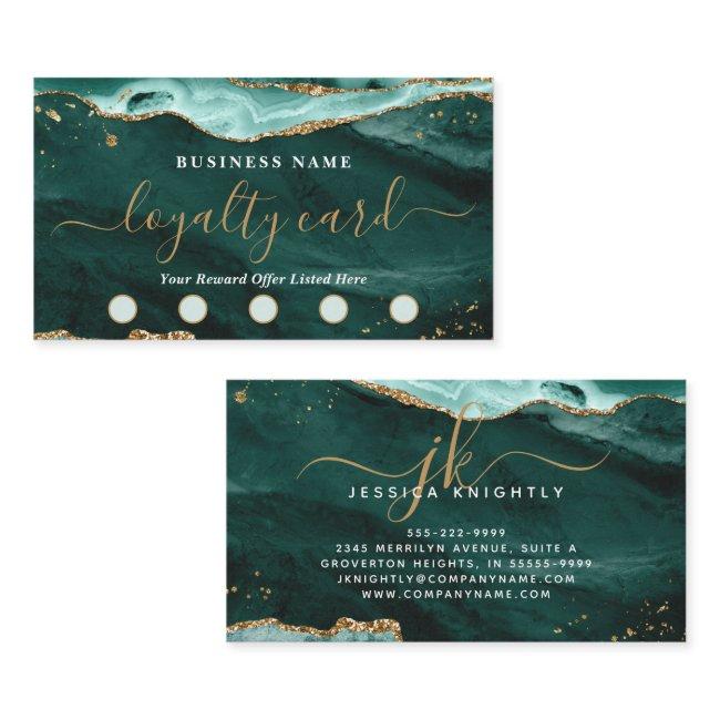 Turquoise Agate Gold Glitter Script 5 Punch Loyalty Card