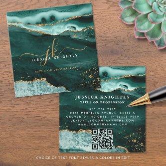 Turquoise Agate Gold Glitter Script Monogram QR Square