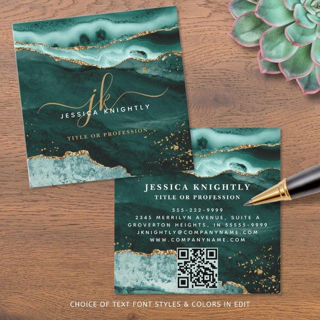 Turquoise Agate Gold Glitter Script Monogram QR Square