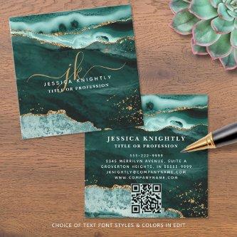Turquoise Agate Gold Glitter Script Monogram QR Square