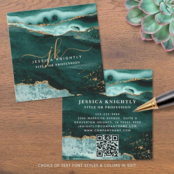 Turquoise Agate Gold Glitter Script Monogram QR Square