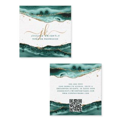 Turquoise Agate Gold Script Monogram QR Code Square