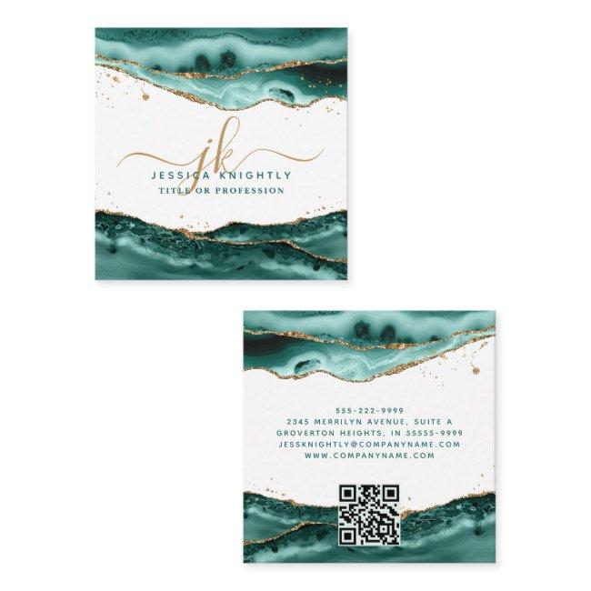 Turquoise Agate Gold Script Monogram QR Code Square