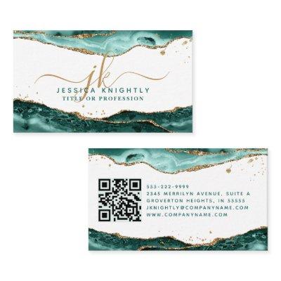 Turquoise Agate Script Monogram Gold Glitter QR