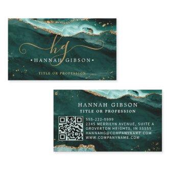 Turquoise Agate Script Monogram QR Code Glitter