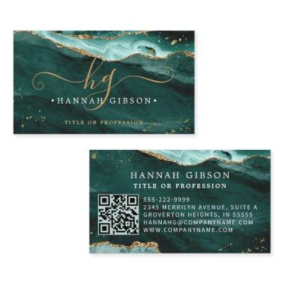 Turquoise Agate Script Monogram QR Code Glitter