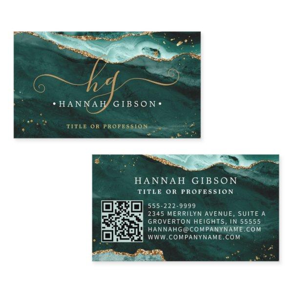 Turquoise Agate Script Monogram QR Code Glitter
