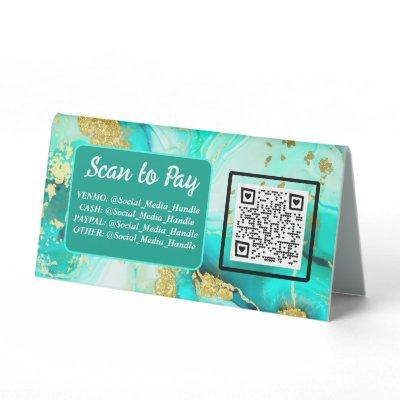 Turquoise Blue Alcohol Ink QR Payment Logo Market Table Tent Sign