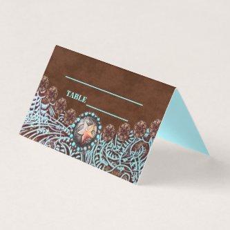 turquoise brown country western wedding Place Card