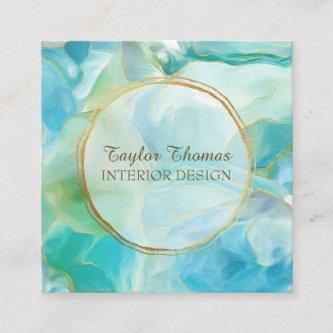 Turquoise Gemstone Geode Watercolor | Gold Circle Square