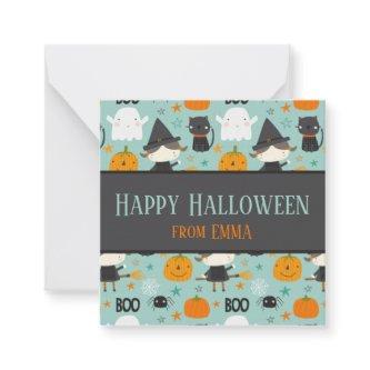 Turquoise "Happy Halloween" Pattern Custom Name Note Card