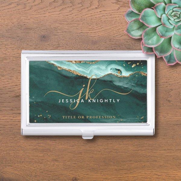 Turquoise Teal Agate Geode Monogram Gold Script  Case