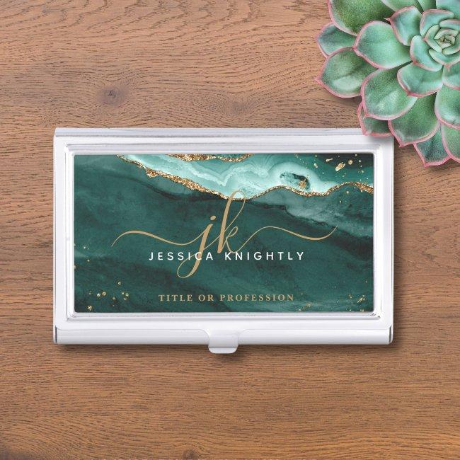 Turquoise Teal Agate Geode Monogram Gold Script  Case