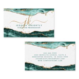 Turquoise Teal Agate Script Monogram Gold Glitter