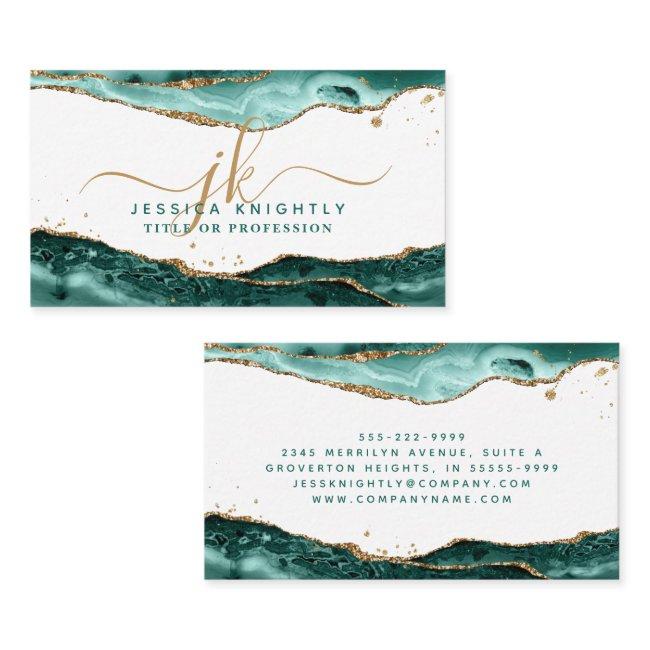 Turquoise Teal Agate Script Monogram Gold Glitter
