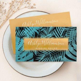 Turquoise tropical palm gold script modern elegant