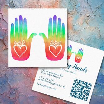 Two Healing Hands Hearts Hamsa Rainbow QR Code Square
