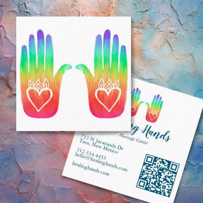 Two Healing Hands Hearts Hamsa Rainbow QR Code Square