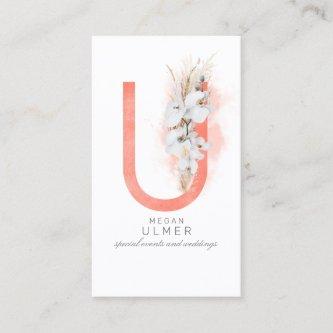 U Letter Monogram White Orchids and Pampas Grass
