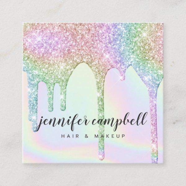 Unicorn holographic glitter drips chic makeup hair square