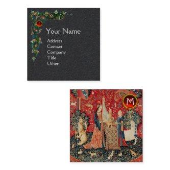 UNICORN,LADY PLAYING ORGAN,GEMSTONE MONOGRAM Black Square