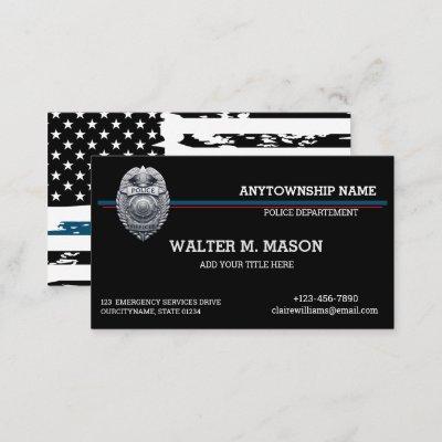 US Flag Blue Line Police Officer Silver Badge