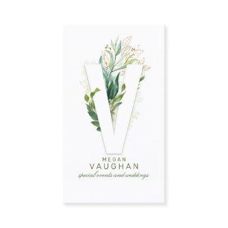 V Letter Monogram Gold Greenery Leaves Elegant