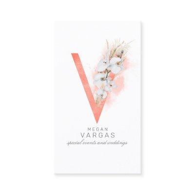 V Letter Monogram White Orchids and Pampas Grass