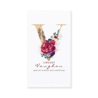 V Monogram Burgundy Red Flower and Gold Glitter