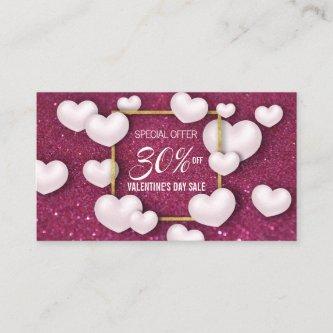 Valentine's Day White Hearts Glitter Discount Card