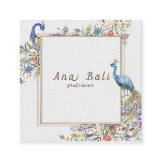 Vector watercolor peacocks flowers illustration square