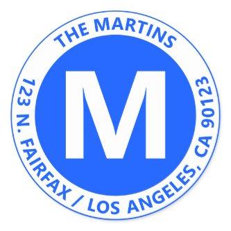 Very Bold Modern Blue & White Monogram & Text Classic Round Sticker