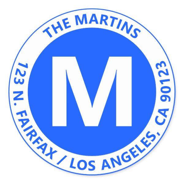 Very Bold Modern Blue & White Monogram & Text Classic Round Sticker