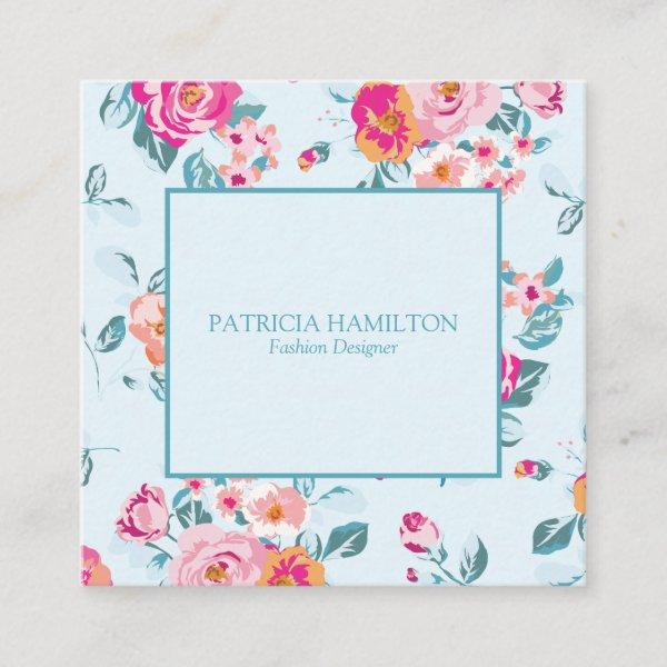 Vibrant Girly Pink Floral Pattern On Mint Square