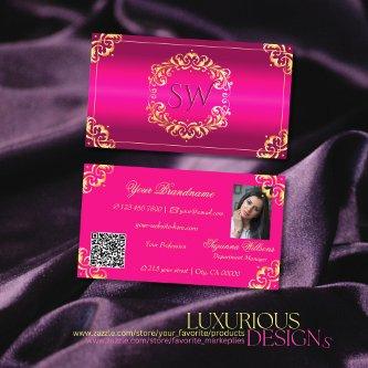 Vibrant Pink Gold Ornate Monogram Photo QR Code