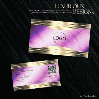 Vibrant Purple Marble Gold Borders Logo QR Code
