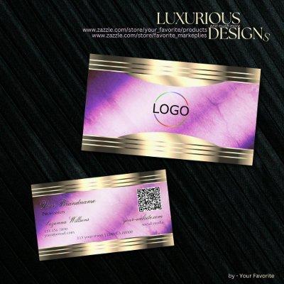 Vibrant Purple Marble Gold Borders Logo QR Code