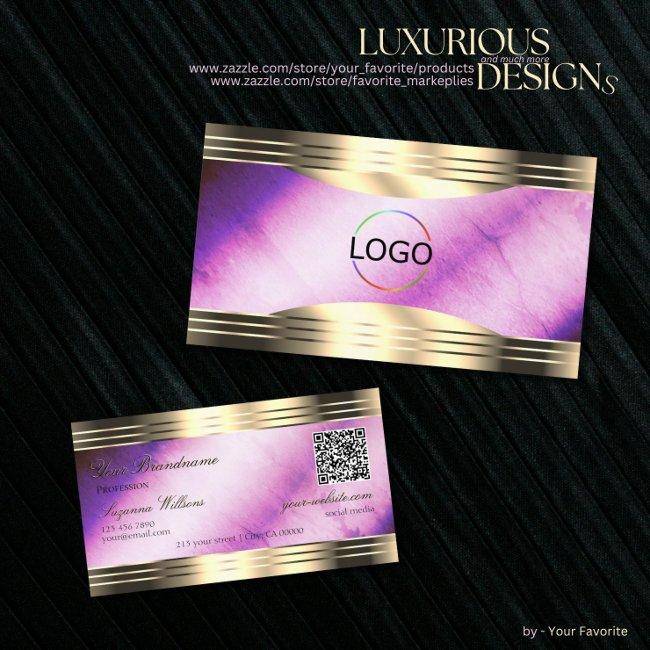 Vibrant Purple Marble Gold Borders Logo QR Code