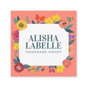 Vintage Abstract Wildflower Foliage & Bees Pattern Square
