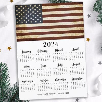 Vintage American Flag Patriotic 12 Month Calendar Holiday Card