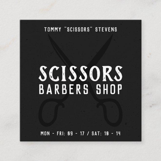 Vintage barber shop black white retro scissor logo square
