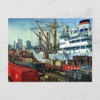 Vintage Business, Docked Cargo Ship Transportation Postcard