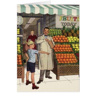 Vintage Business, Fruit Stand with Grocer and Boy