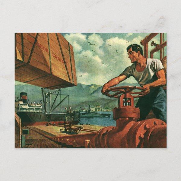 Vintage Business, Oil Tanker Ship with Dock Worker Postcard