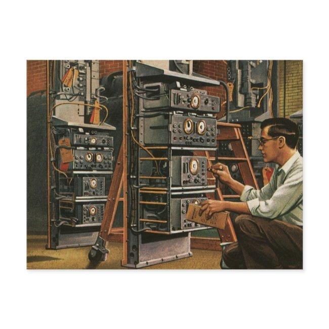 Vintage Business Radio Technician Fixing Equipment Postcard