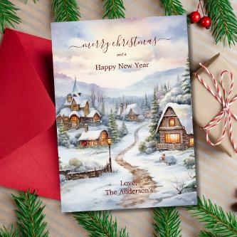 Vintage Christmas Snowy Village Houses Pine Trees Holiday Card