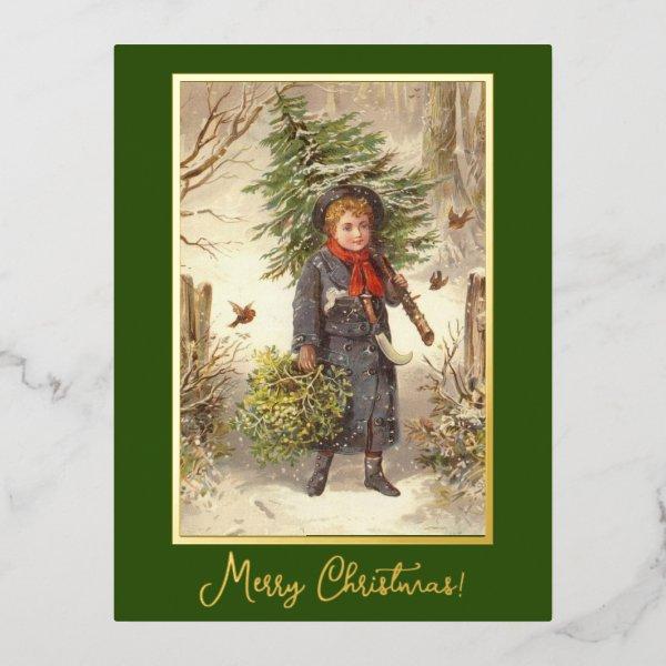 Vintage Christmas Tree Baby Girl Greenery Foil Holiday Postcard