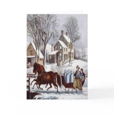 Vintage Currier & Ives Horse Drawn Sleigh Winter Holiday Card